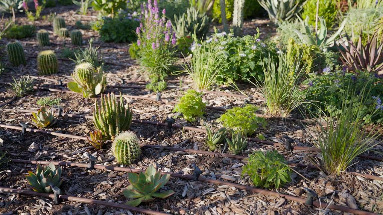 Hydrozoned xeriscape bed showing grouped drought-tolerant plants with drip irrigation and mulch for water-efficient sustainable landscaping