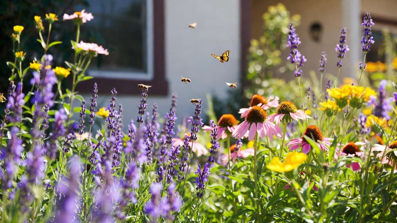 Fire-resistant flowering plants like lavender and coneflower attracting pollinators in a safe wildfire-smart garden