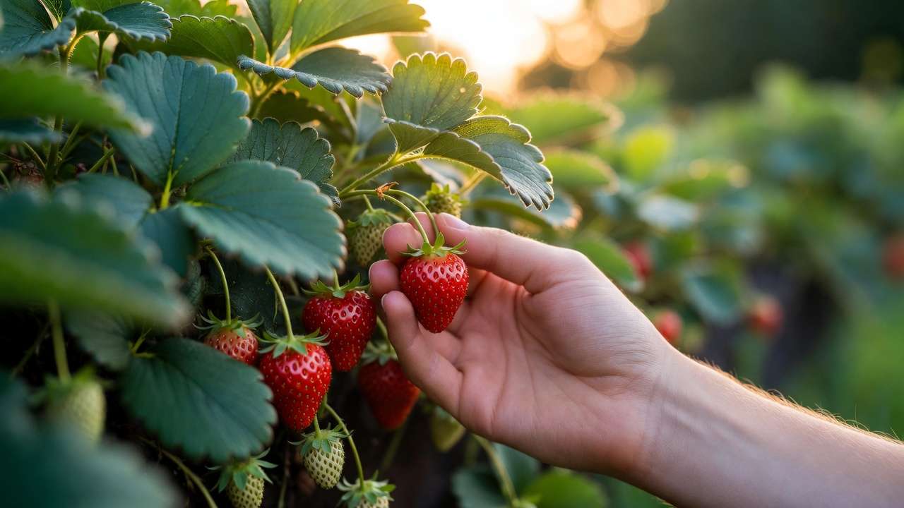 Early morning strawberry harvest at dawn showing fresh dewy fruit being picked for peak flavor