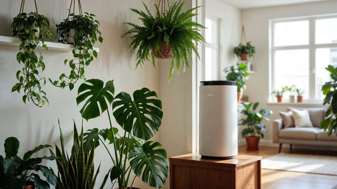 Modern living room with houseplants and tower air purifier demonstrating hybrid indoor air quality solution