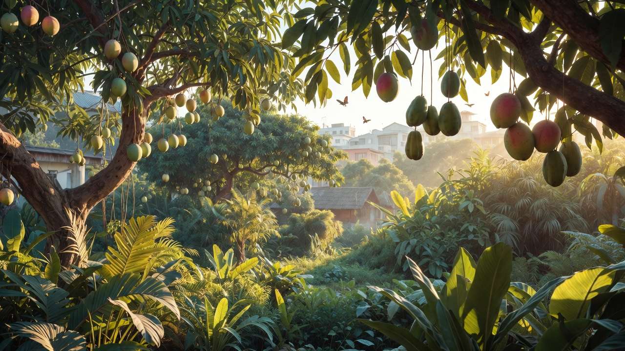 Mature productive urban forest garden showing environmental benefits with tropical fruits and lush layers in city setting