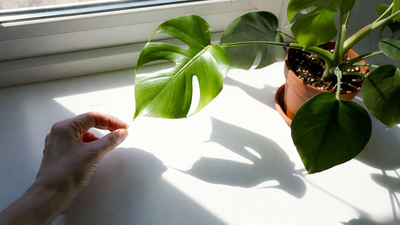 Hand performing shadow test on houseplant near window showing sharp and fuzzy shadows for indoor light measurement