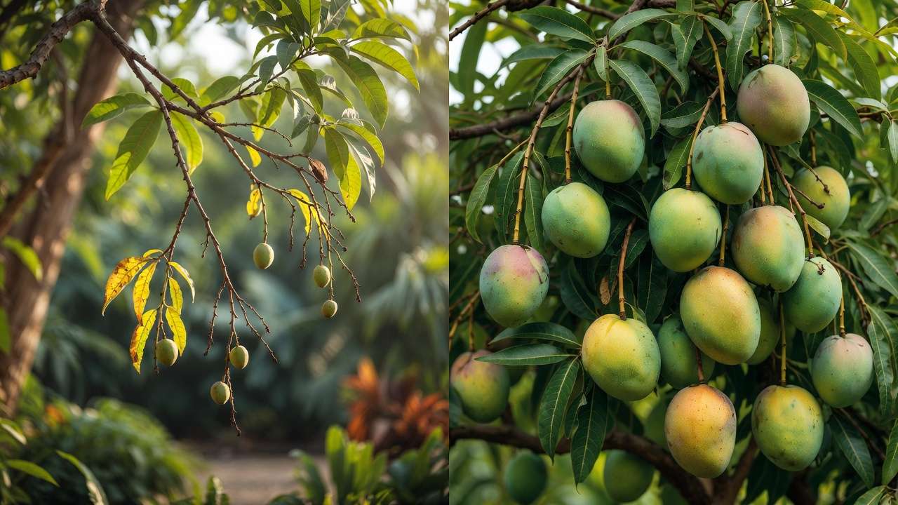 Comparison of poor vs abundant mango fruit set due to pollination on tropical tree
