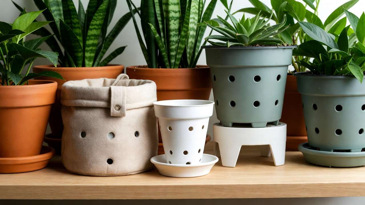 Healthy potted plants in terracotta, fabric, and plastic containers with clear drainage holes elevated for better airflow to prevent root rot