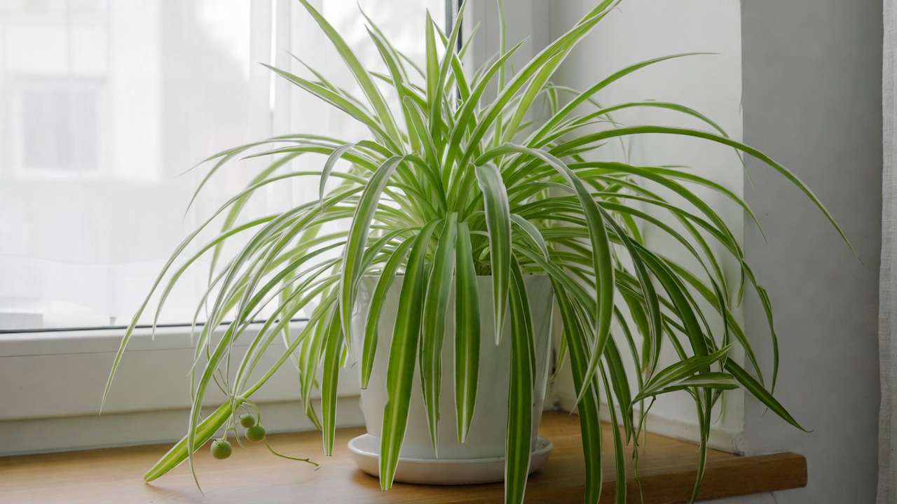 Healthy spider plant in pot on windowsill showcasing lush variegated leaves for air purification