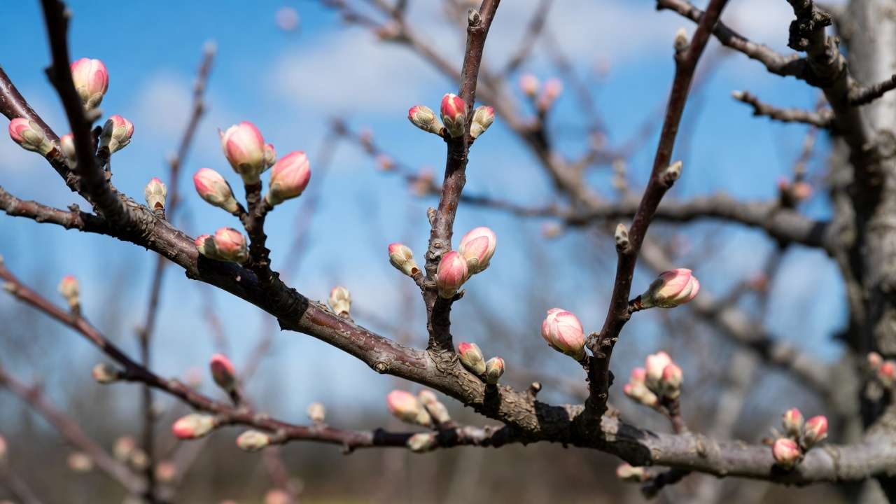 Apple tree buds at delayed dormant stage for dormant oil spray timing