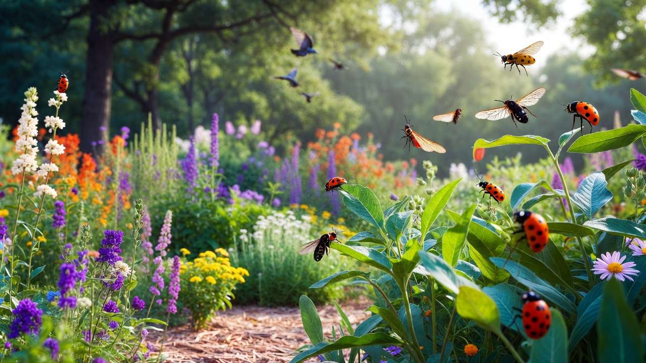 Visual representation of Integrated Pest Management layers in a thriving eco-friendly landscape
