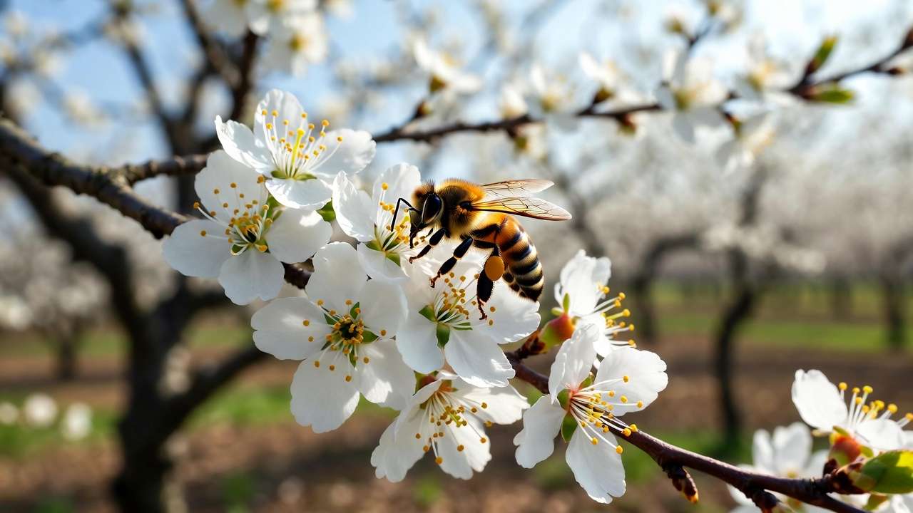 Honey bee pollinating white sweet cherry blossoms in spring orchard close-up.