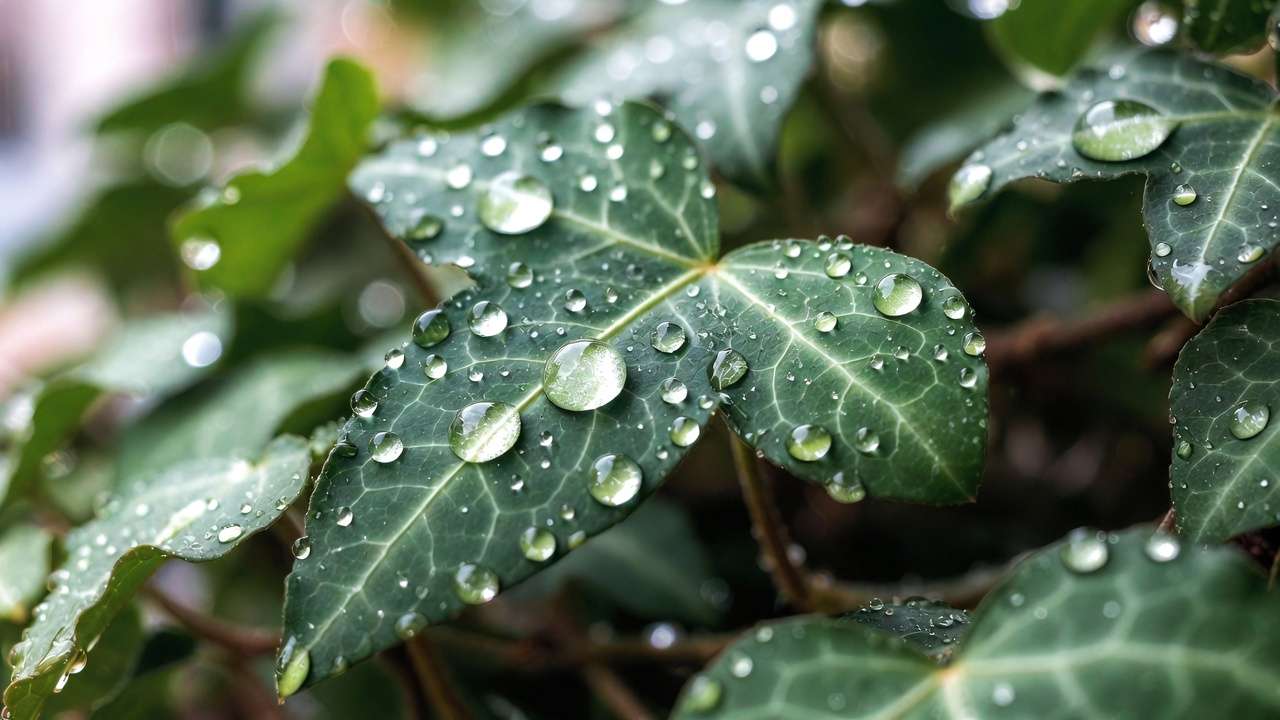 Close-up of English ivy leaves capturing moisture and airborne pollutants naturally.