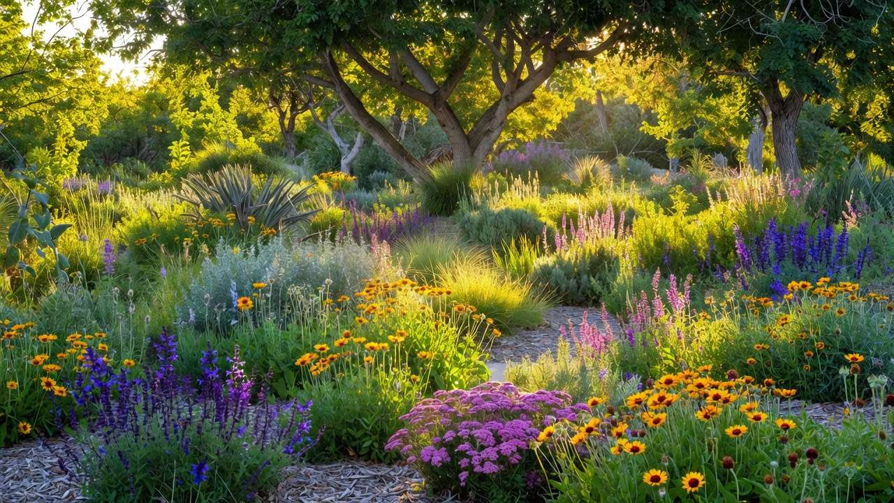 Lush colorful xeriscape garden with drought-tolerant flowers, grasses, and shade trees showing vibrant water-wise landscaping