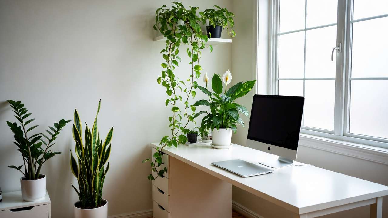 Modern home office workspace with snake plant, ZZ plant, pothos, and peace lily houseplants for boosting productivity and focus