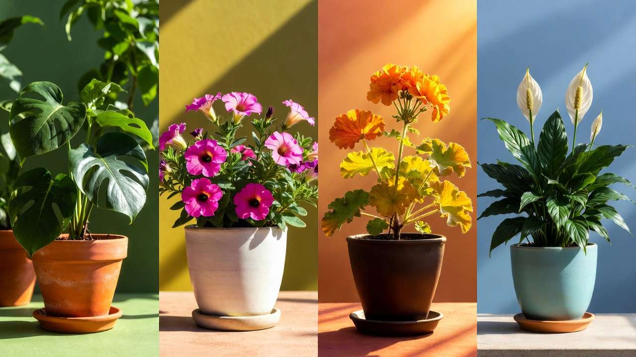 Seasonal progression of healthy potted plants showing spring growth, summer blooms, fall colors, and winter dormancy for fertilizer timing