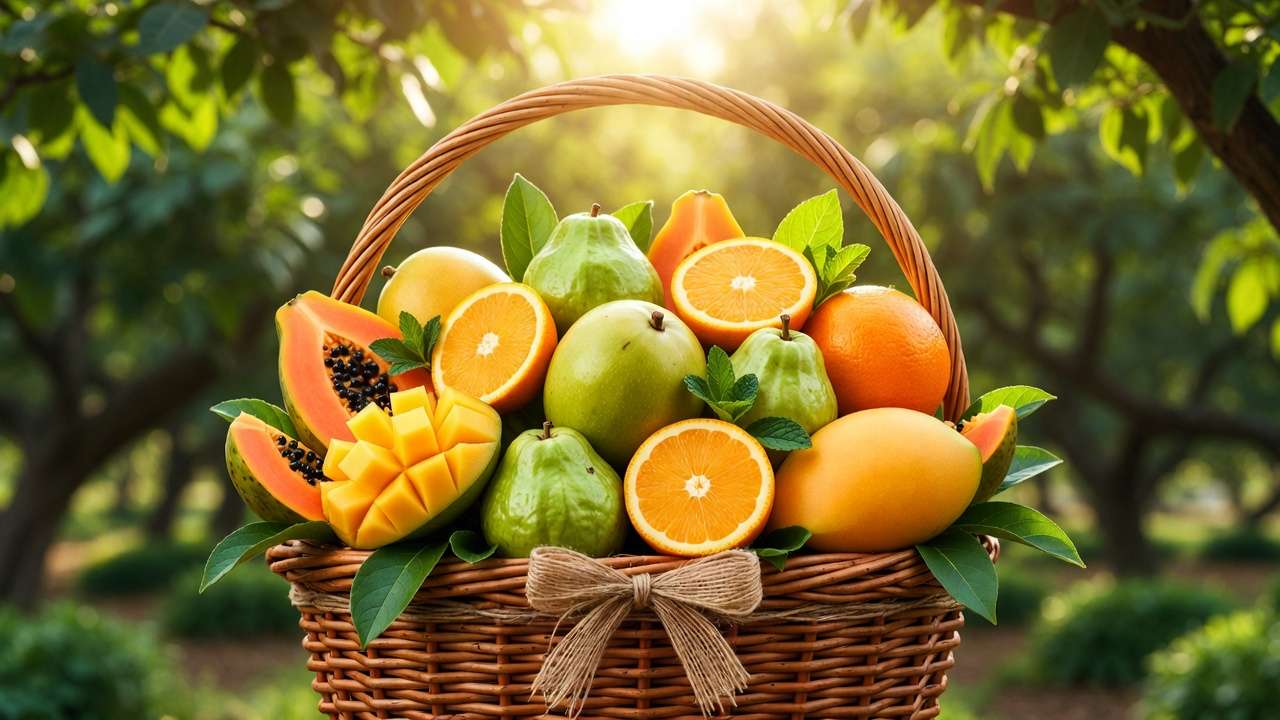 Finished tropical themed fruit gift basket with mangoes guavas citrus from home orchard