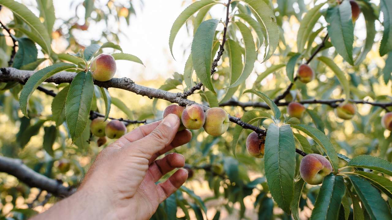 Gardener thinning young peaches on tree branch to improve fruit size and quality.
