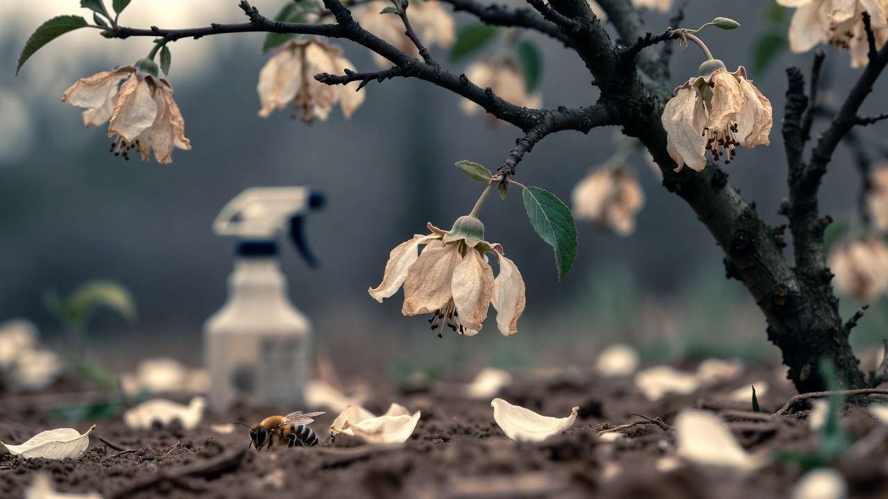 Dropped blossoms and dead bee illustrating pollinator decline impact on fruit trees