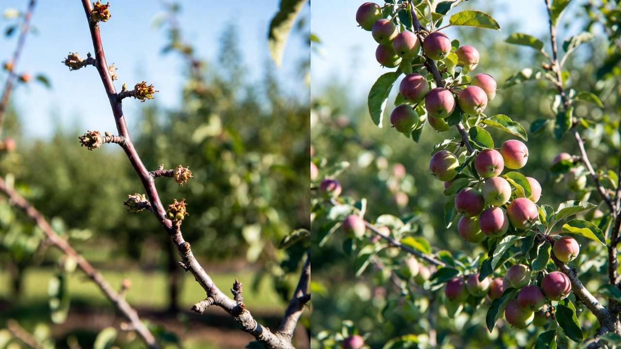 Before and after comparison of fruit set on tree branch after hand pollination