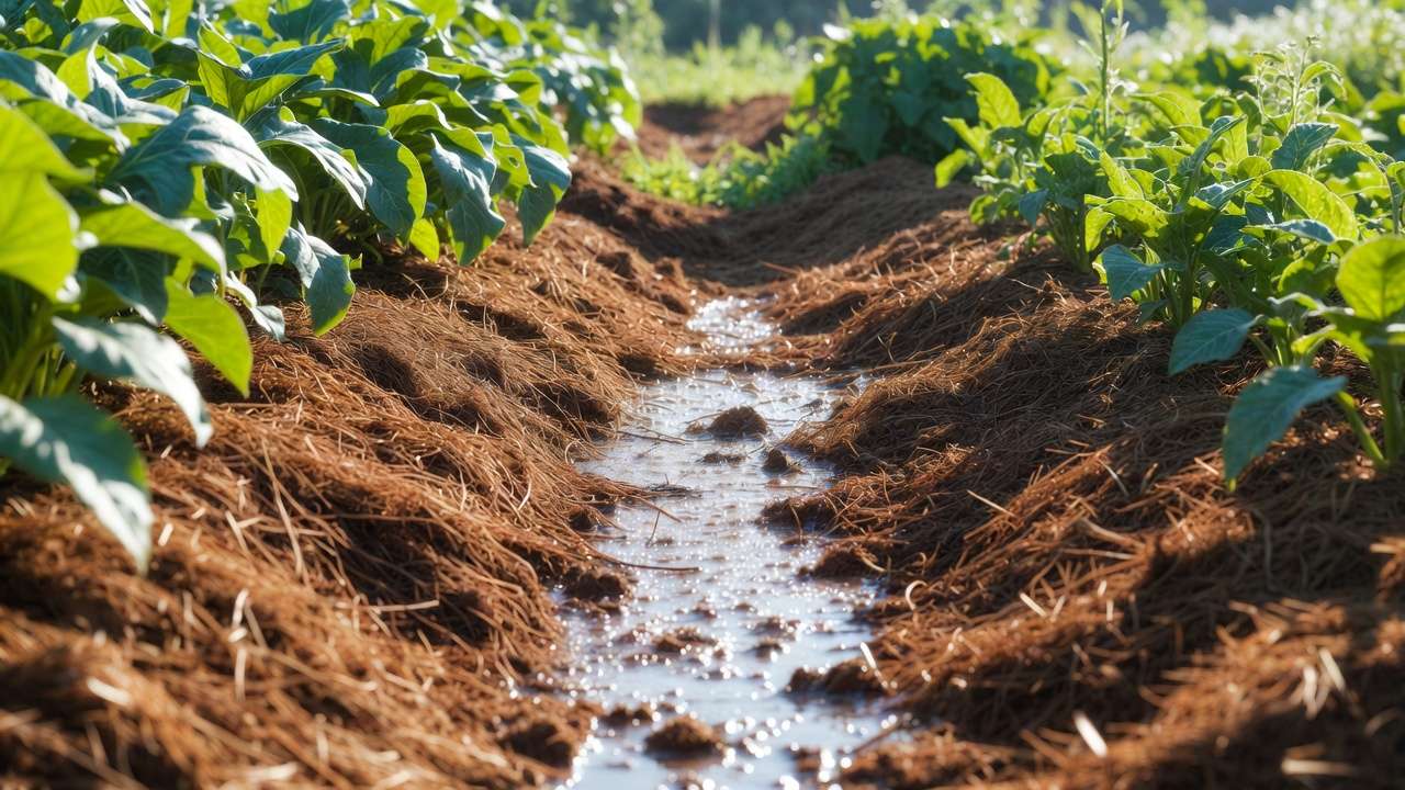 Mulched garden bed with moisture-retaining organic mulch around healthy vegetables for water efficiency