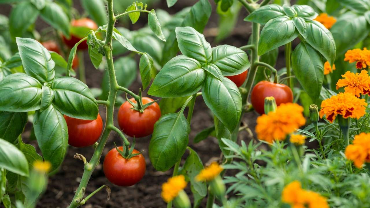 Tomatoes basil and marigolds companion planting for pest control and flavor enhancement