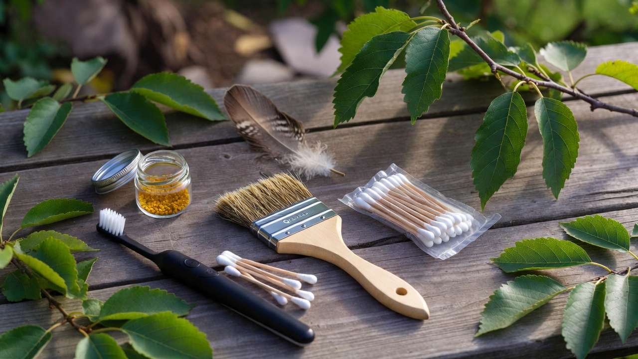 Essential tools for hand pollination of fruit trees including brush, swabs, and pollen jar