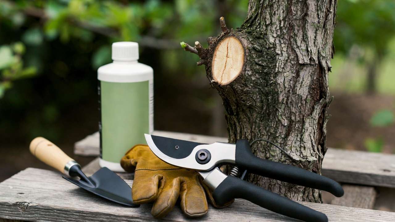 Gardening tools including pruners and gloves for removing suckers from fruit trees