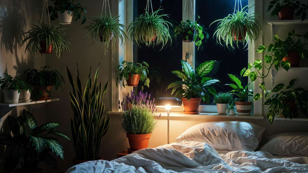 Serene bedroom filled with air-purifying houseplants like snake plant, lavender, and peace lily for better sleep.