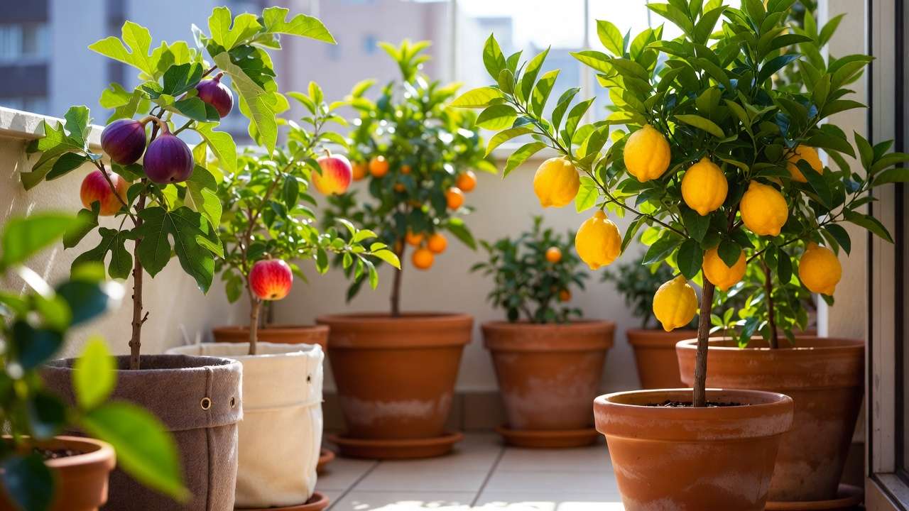 Collection of best container-friendly dwarf fruit trees on a sunny balcony including lemon, fig, apple, and kumquat
