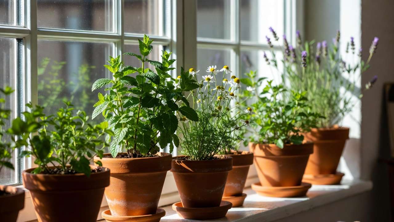 Indoor potted herbs like mint, chamomile, and lemon balm on a sunny windowsill for homegrown herbal teas
