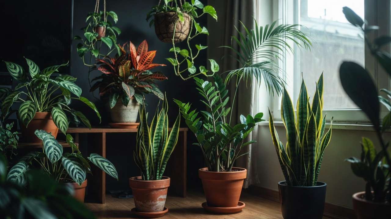 Collection of top low-light air-purifying plants like snake plant, ZZ plant, and pothos thriving in a dim modern room