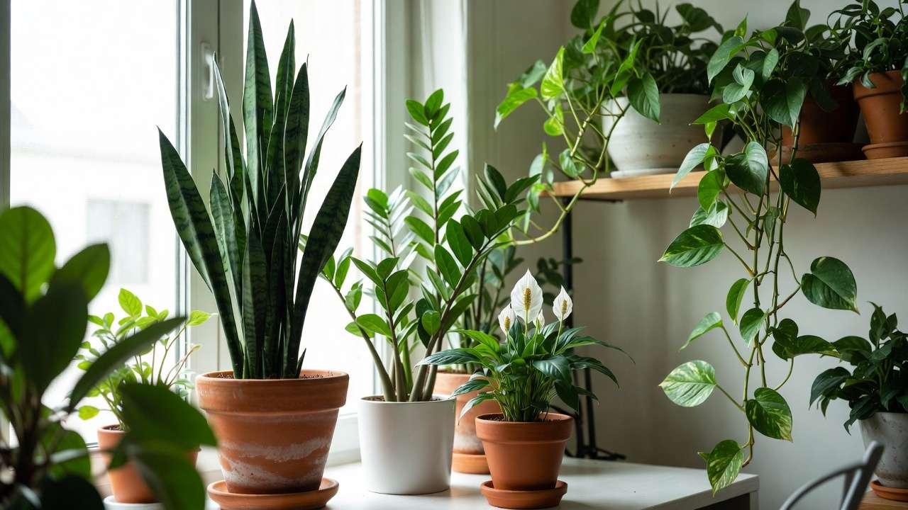 lose-up of recommended low-maintenance indoor plants for home office plant therapy including snake plant, pothos, ZZ plant, and peace lily on a desk