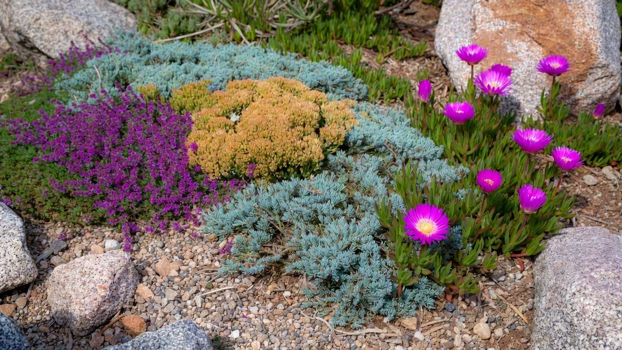 Vibrant drought-tolerant ground covers like creeping thyme, sedum, and ice plant thriving in a sunny xeriscape landscape with gravel and rocks