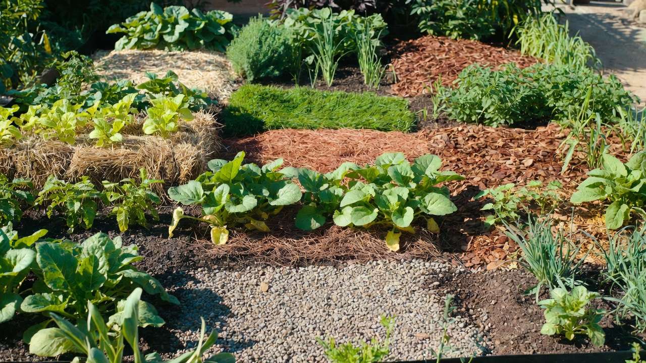 Various best mulch types including wood chips, straw, grass clippings, and hemp for excellent water retention in vegetable garden