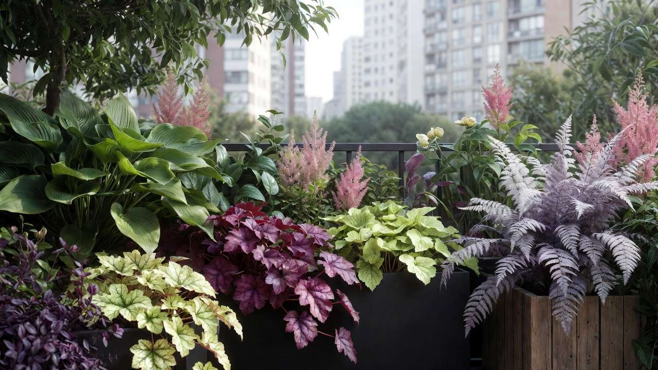 Lush shade-tolerant plants including hostas, heucheras, and ferns thriving in an urban balcony garden with city skyline background