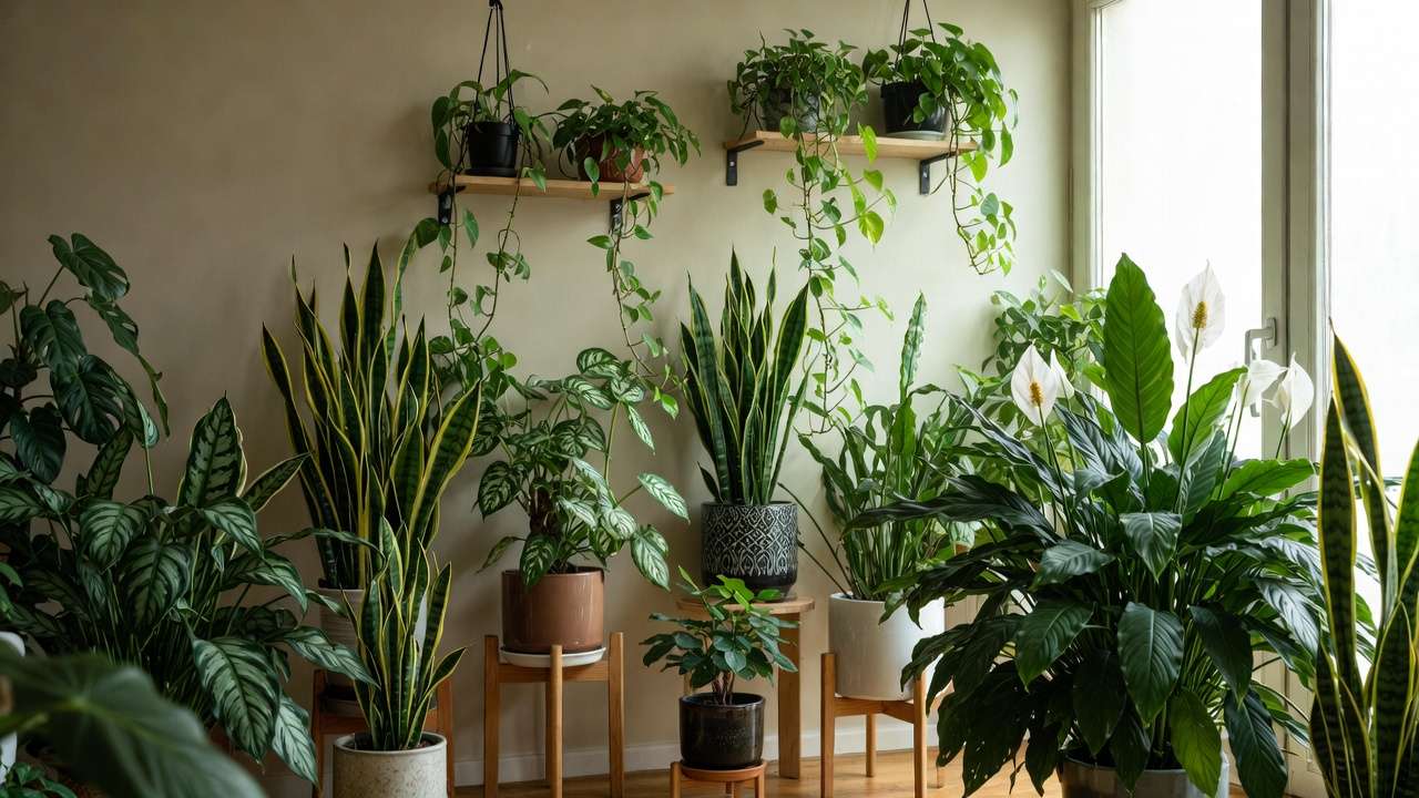 Lush houseplants like snake plant, pothos, and peace lily creating a calming green décor in a peaceful living room