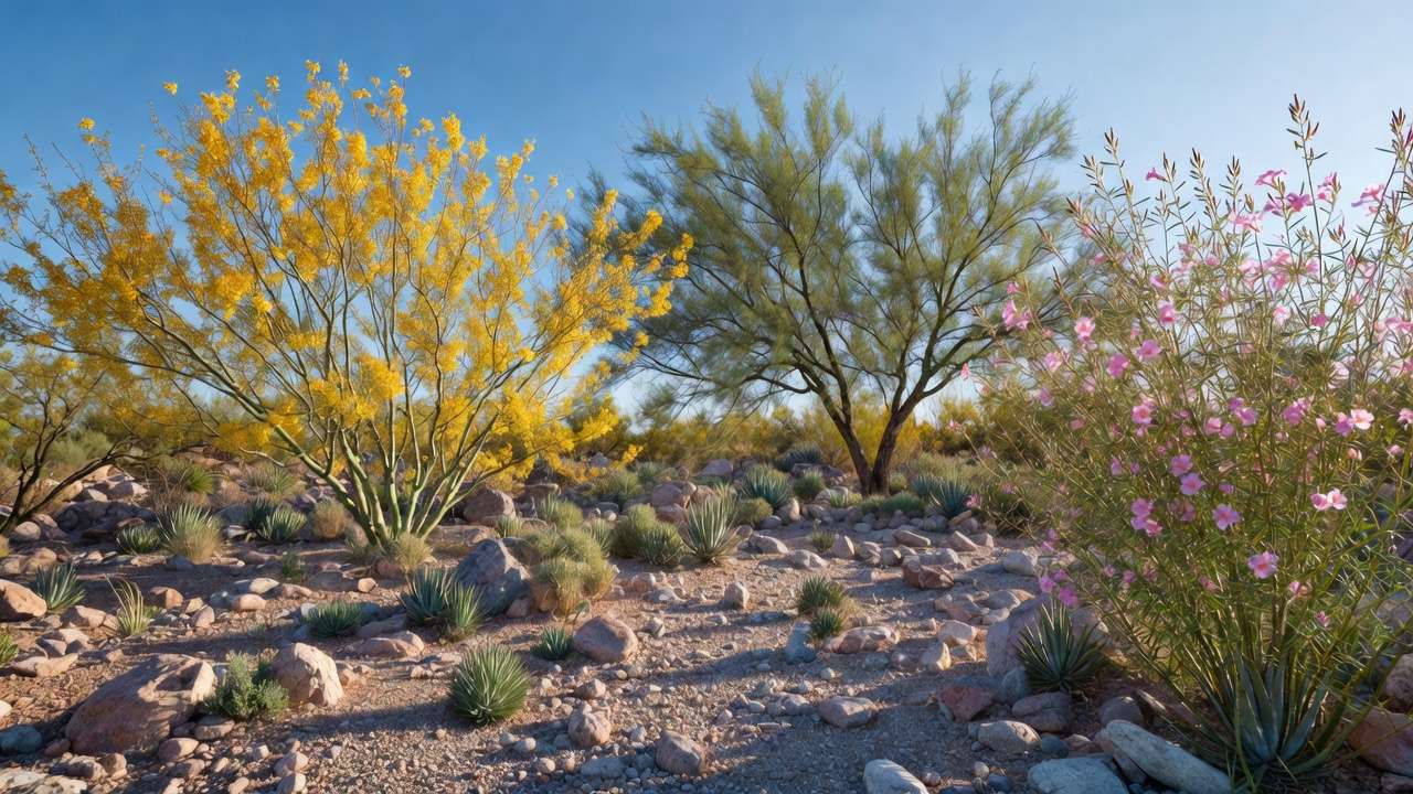 Desert ironwood tree with pink flowers and dense foliage in rocky arid environment
