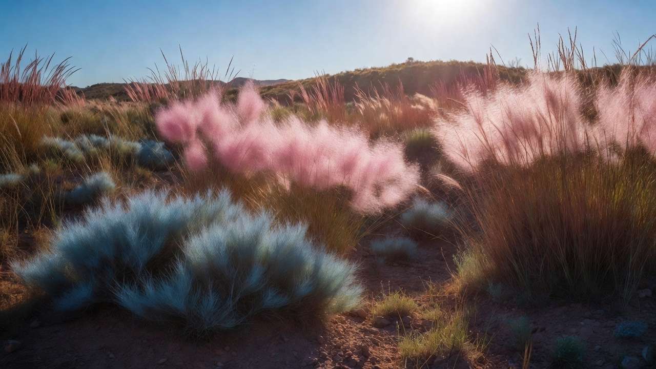 Mixed planting of drought-tolerant ornamental grasses including pink muhly, blue fescue, and switchgrass in an arid grassland landscape