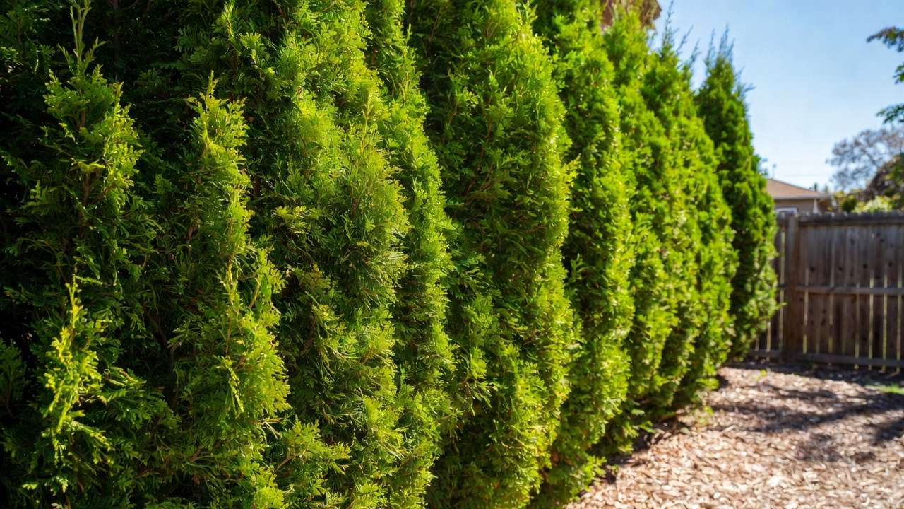 Dense emerald green arborvitae hedge providing natural privacy in a small backyard.