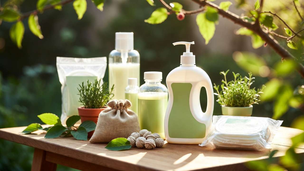 Eco-friendly greywater-safe laundry detergents and soap nuts displayed in a garden setting