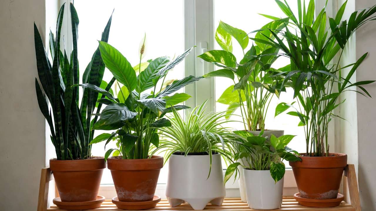 Collection of top NASA air-purifying houseplants like snake plant peace lily and pothos in pots