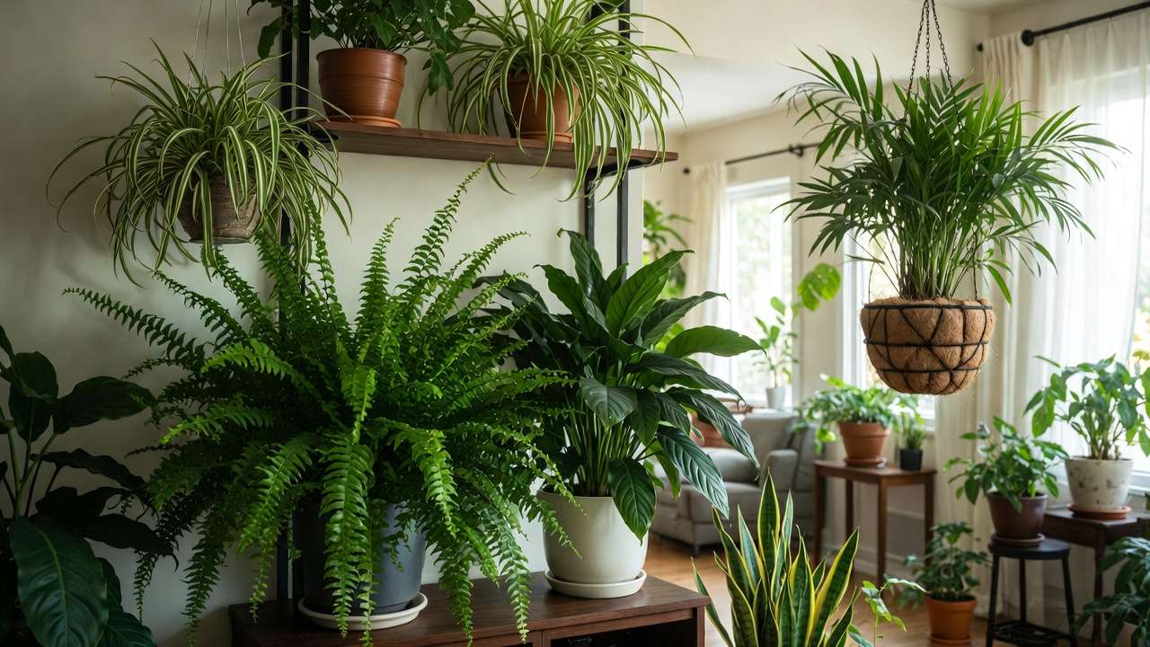 Lush group of indoor plants like Boston fern and peace lily that naturally increase humidity in a bright living room