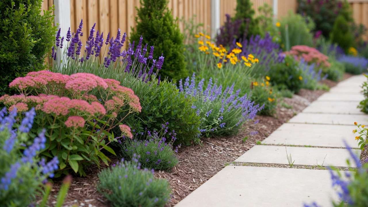 Colorful low-maintenance plants for small yards including sedum, lavender, boxwood, and Russian sage along a stone path in a compact garden