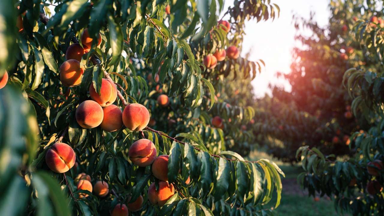 Ripe peaches hanging on tree branches in a sunny backyard orchard