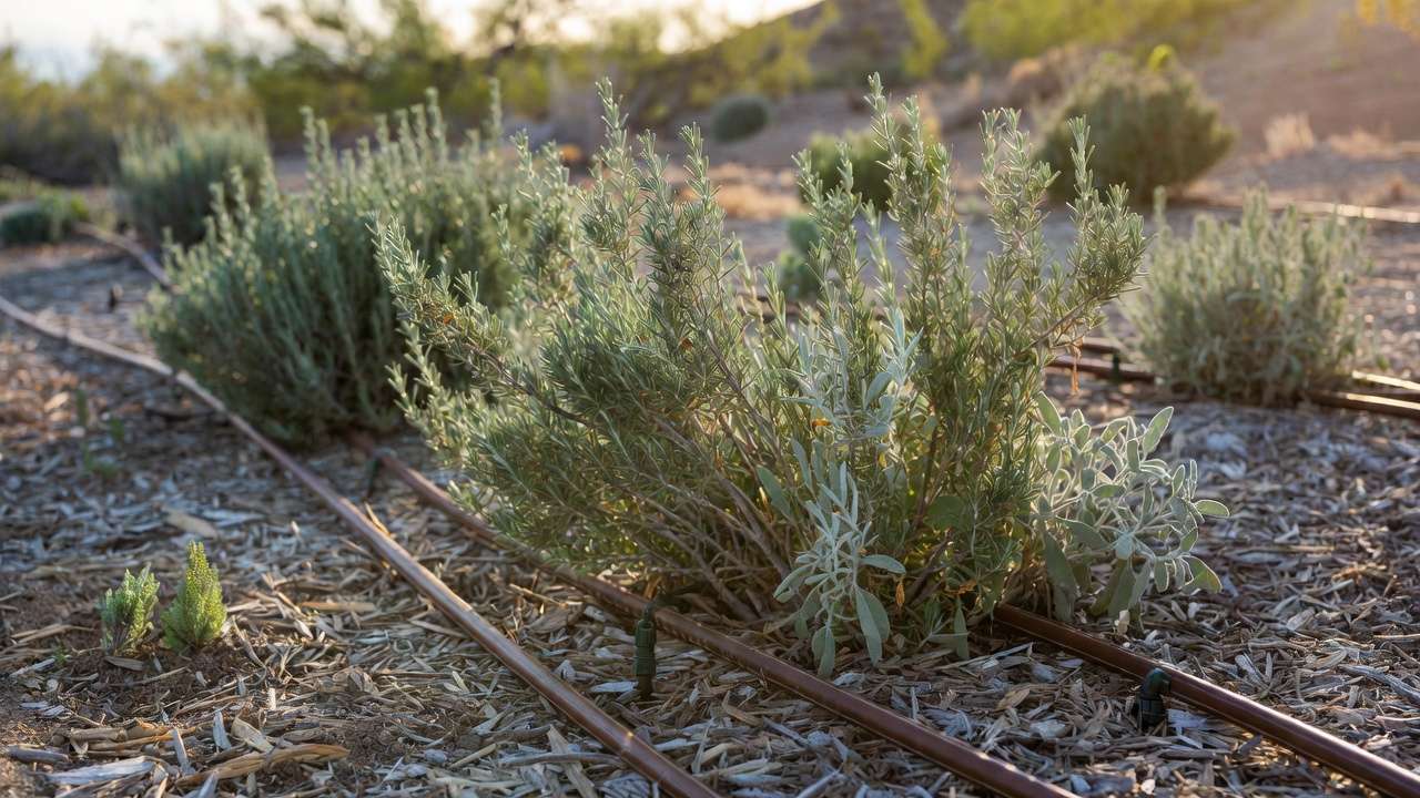Drip irrigation system installed for mature drought-tolerant rosemary and sage shrubs with mulch covering soil