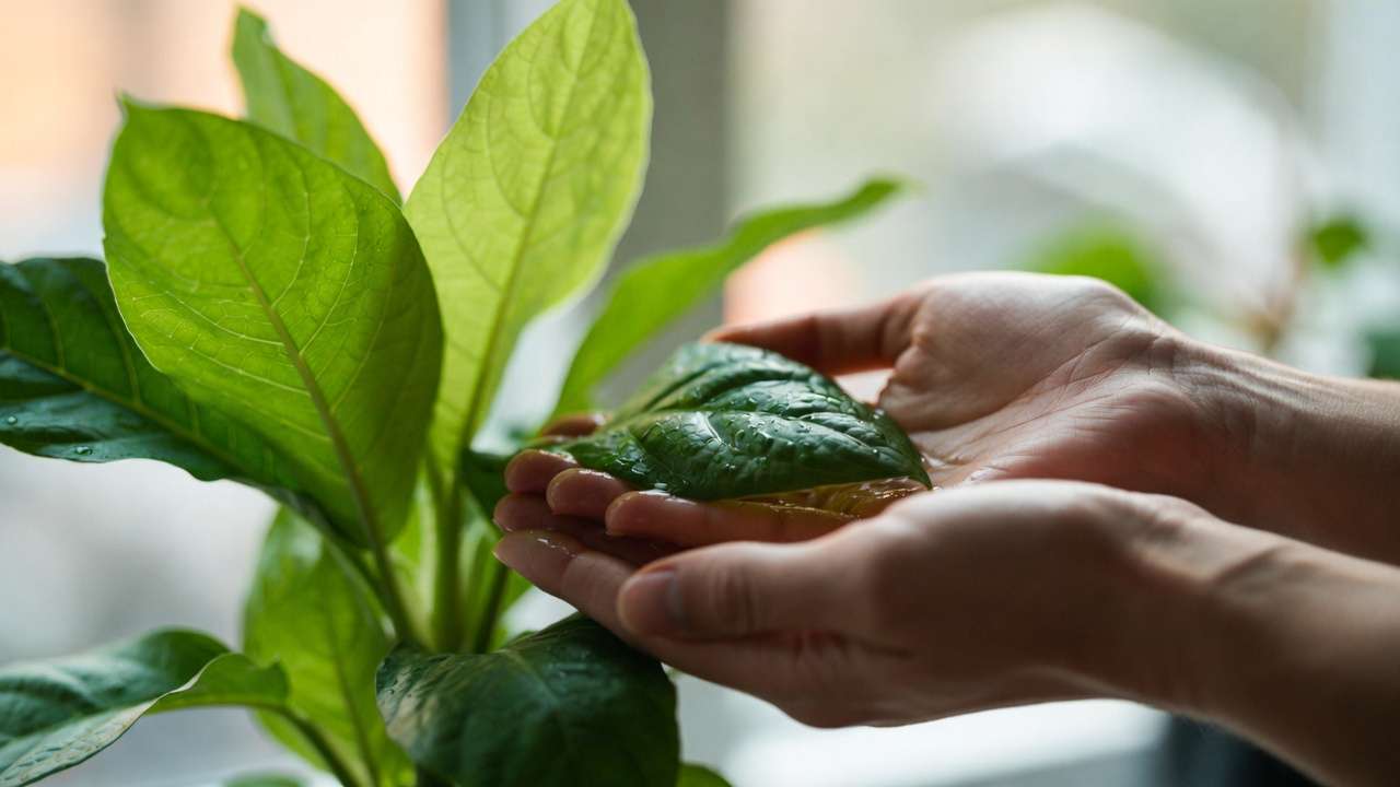 Mindful hand watering indoor houseplant leaves for stress relief and mental health benefits from plant care