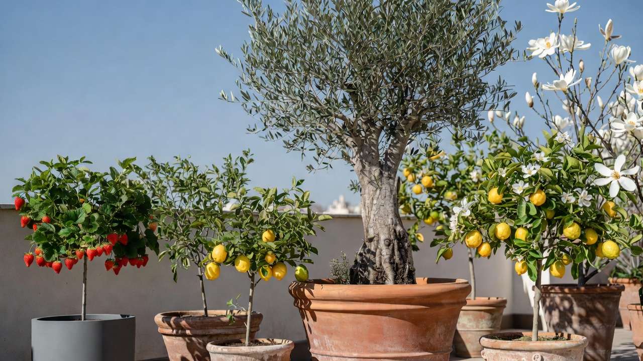Small trees thriving in large containers on a sunny terrace: olive tree, dwarf citrus with fruit, and star magnolia in bloom
