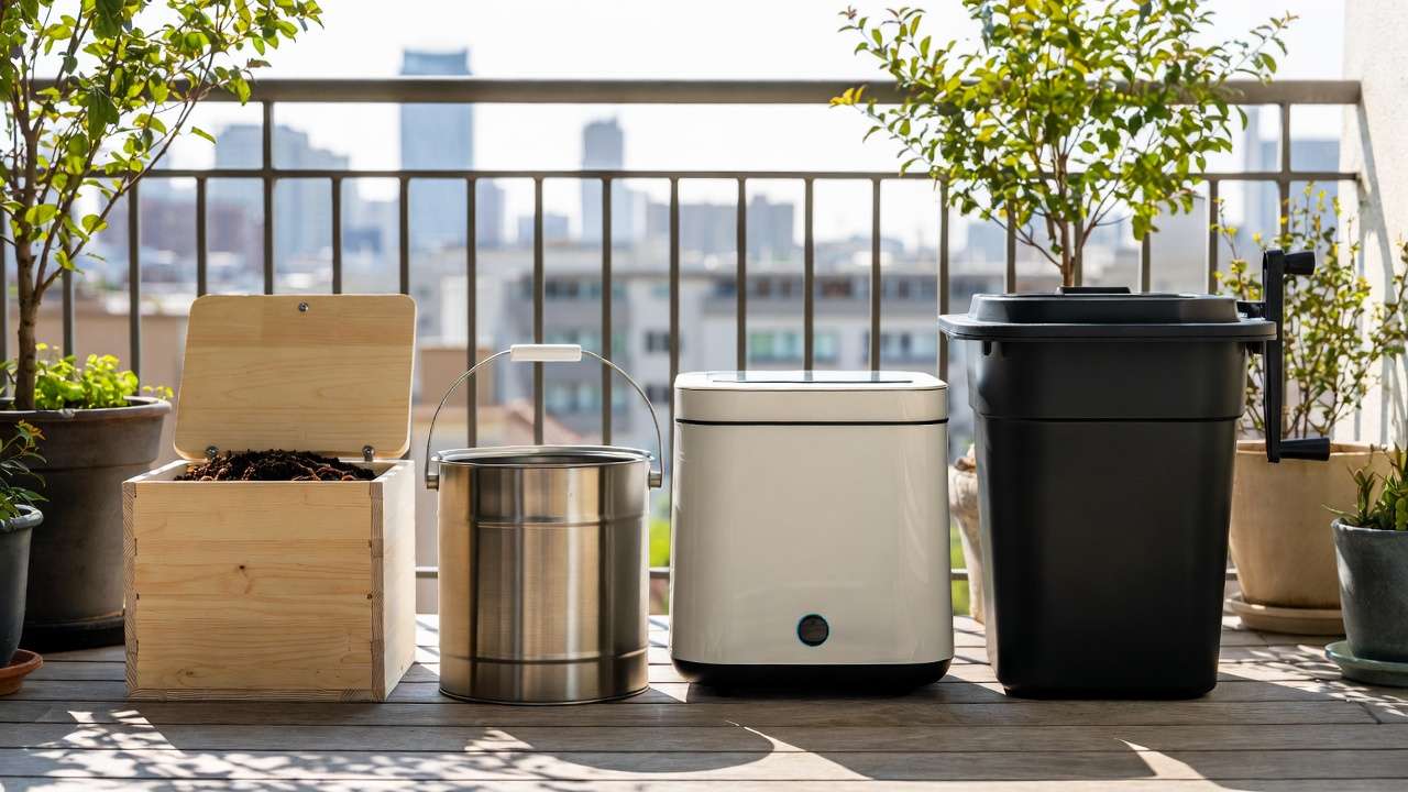 Side-by-side urban composting methods including vermicompost bin, Bokashi bucket, electric composter, and balcony tumbler with potted plants.