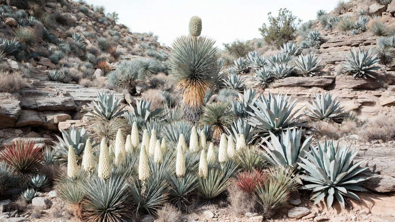 Cold-hardy succulents like beaked yucca, Parry's agave, and banana yucca in cool desert rocky landscape.