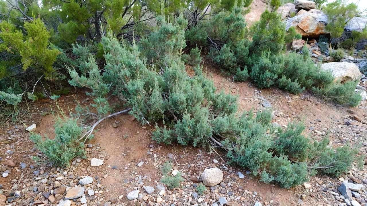 Creeping juniper as tough evergreen ground cover for erosion control on slopes in low-water xeriscape designs