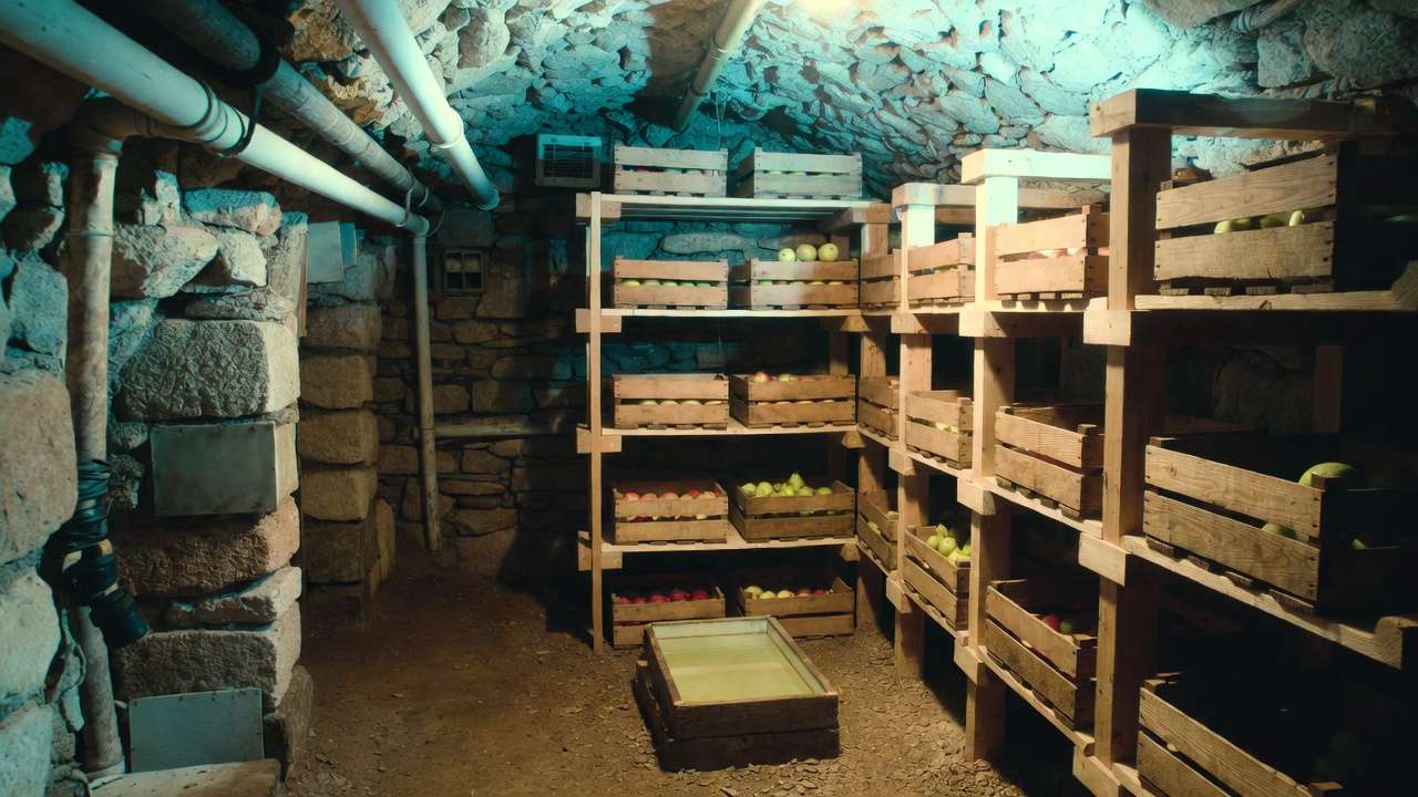 "Organized traditional root cellar with wooden shelves full of stored apples and pears, showing proper ventilation and humidity setup"