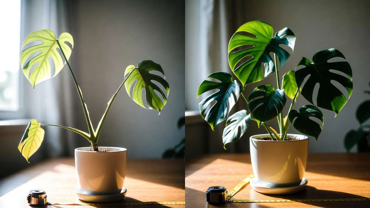 Before and after comparison of monstera plant showing leggy low-light growth vs healthy proper lighting