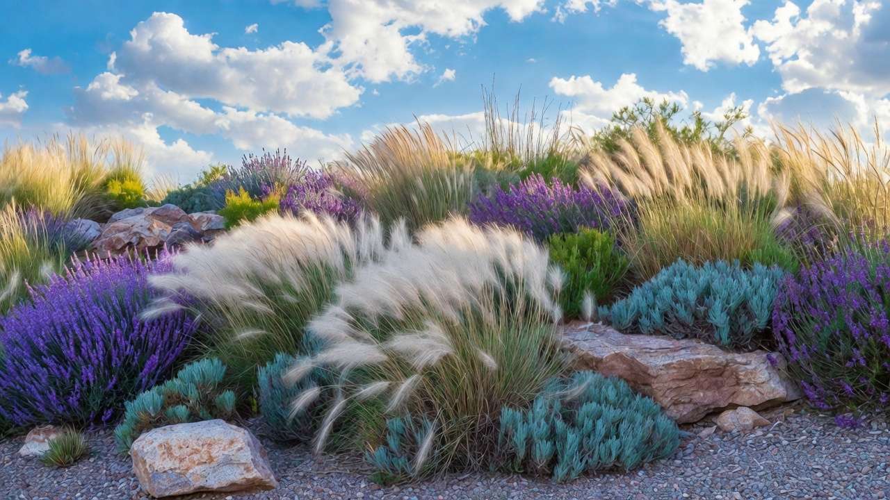 Mature thriving xeriscaped yard after avoiding common maintenance mistakes
